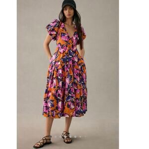 Anthropologie Orange Pink Floral Puff Sleeve Midi Dress Size XS